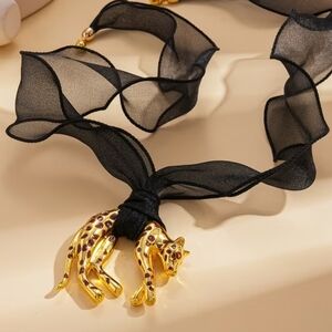 Gold Leopard Pendant Necklace on Black Ribbon